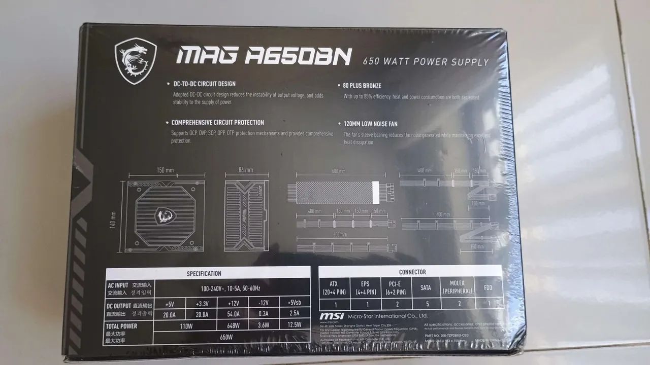 Fonte MSI MAG A650BN 650W 80 Plus Bronze PFC Ativo LACRADA  - Foto 3