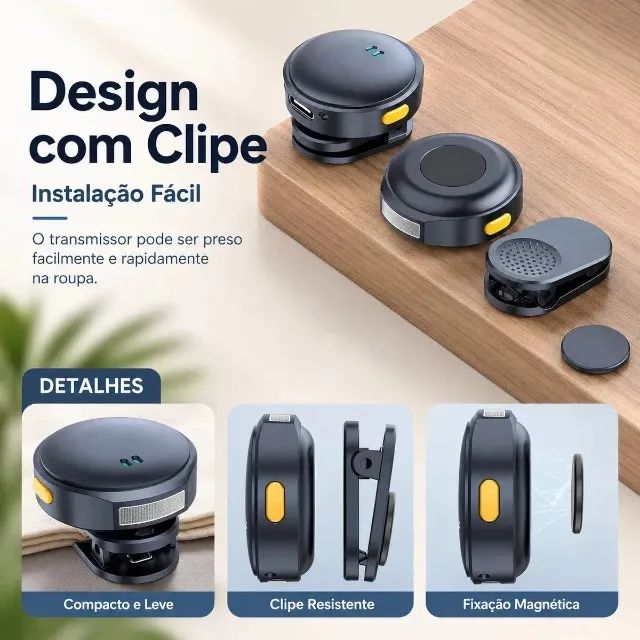Microfone De Lapela Sem Fio Magnético Para iPhone ou Android Preto 20m - Foto 2