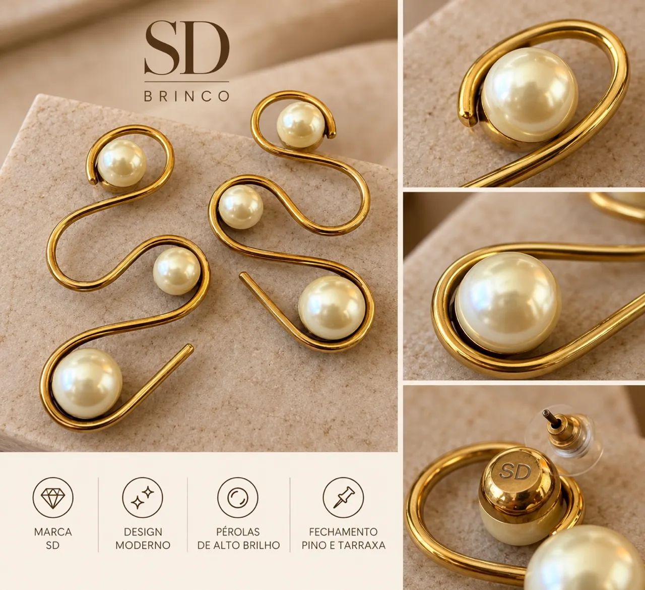 Brinco SD Dourado com Pérolas - Design Moderno e Sofisticado