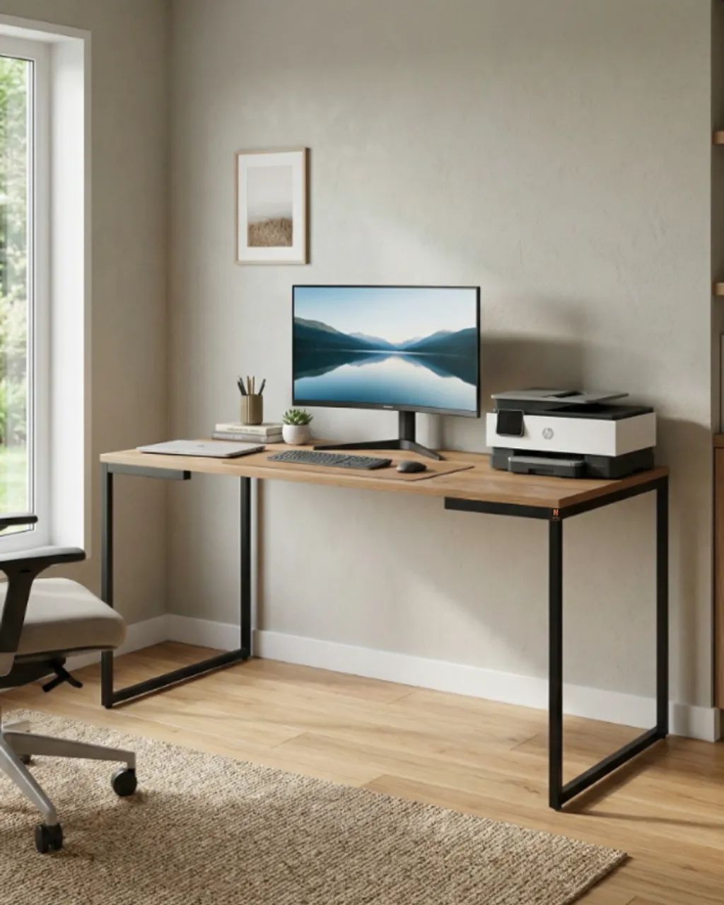 Escrivaninha Industrial 1,35m Home Office em MDF e Aço