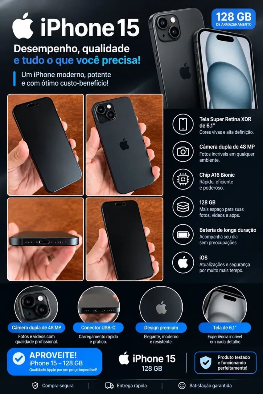 Iphone 15 - 128gb - completo - 85%