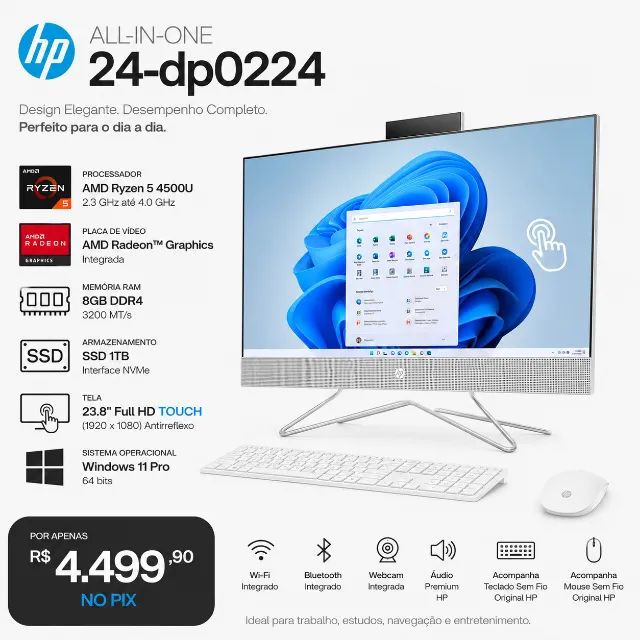 HP All-in-One 24-dp0224 Ryzen 5 8GB SSD 1TB Tela Touch + Kit Sem Fio