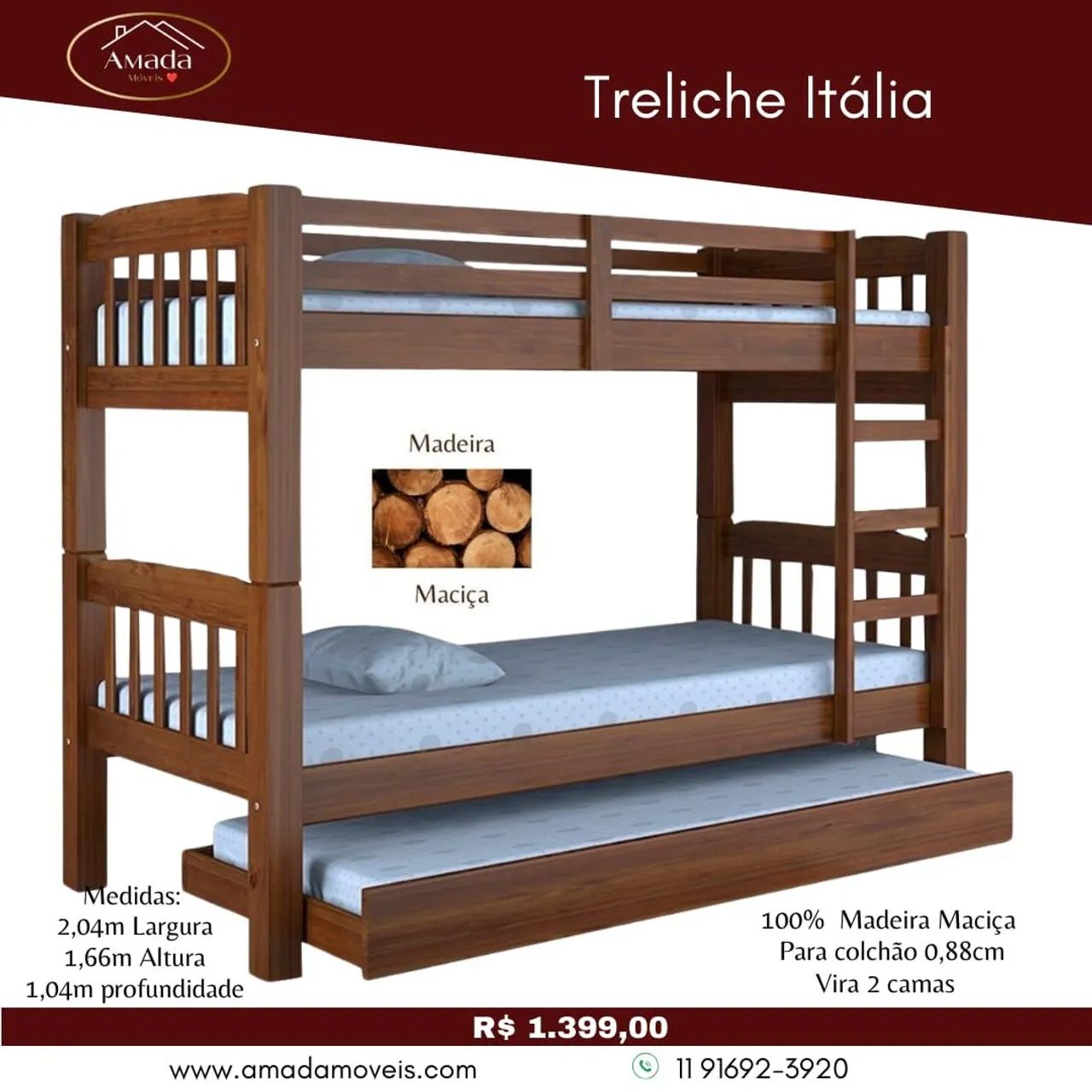 Treliche Itália Madeira Maciça - 2 Camas, entrega em 3 Dias 