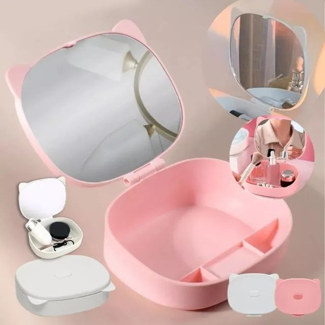 Estojo Maquiagem Organizador Com Espelho Gatinho - Foto 2