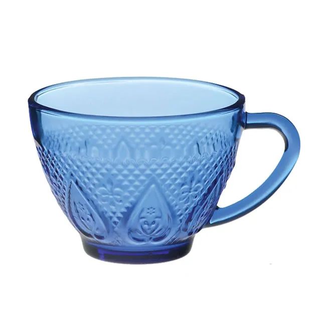 Xicara Cha Vidrp Azul Coração 240ml 12pçs C/pires Vd56