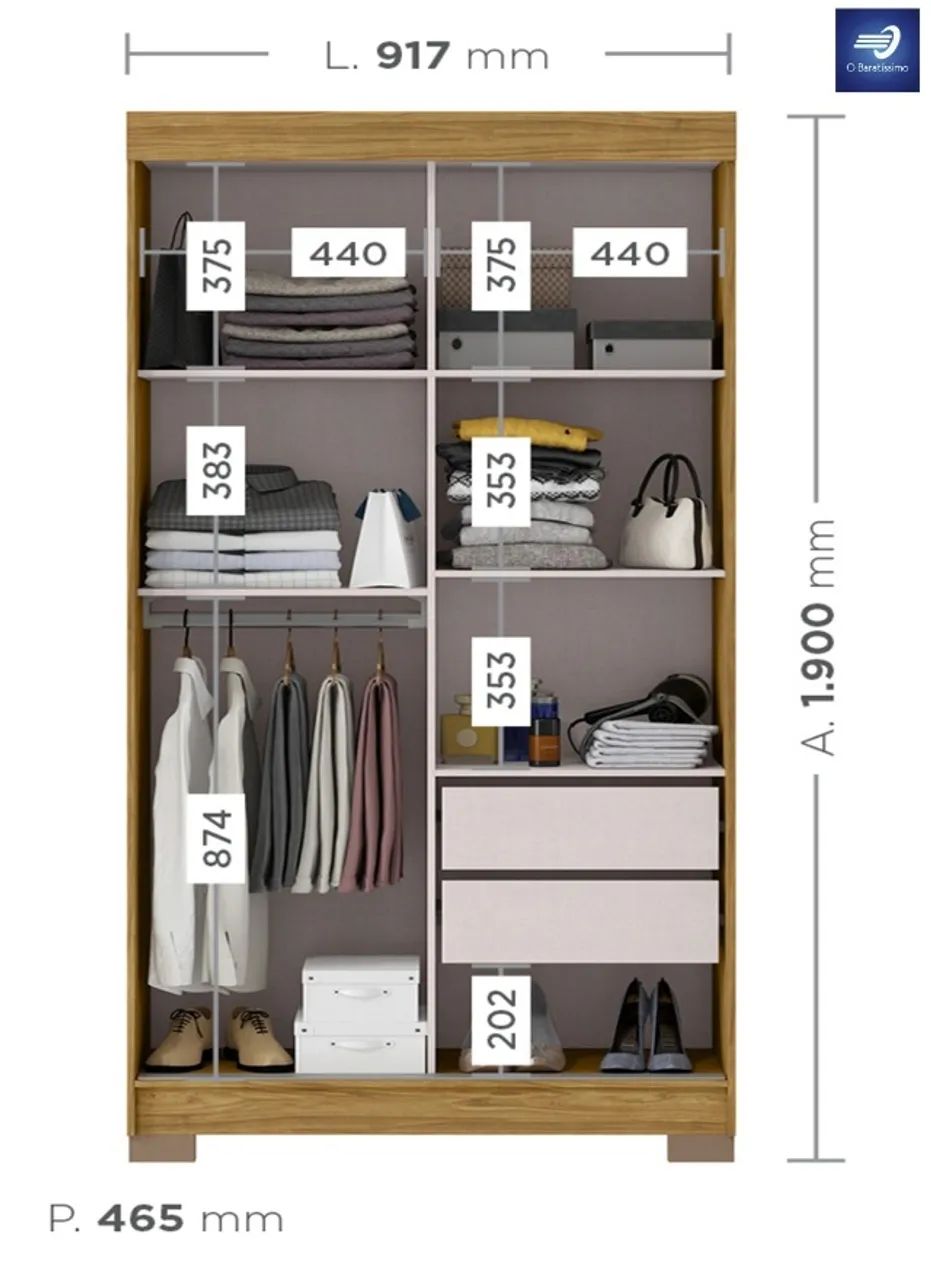 Guarda-Roupa Solteiro 2 Portas 2 Gavetas - Foto 4