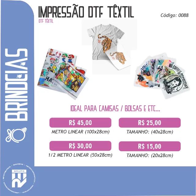 Impressão dtf têxtil Ideal para camisas bolsas e etc Metro linear 1mx28cm