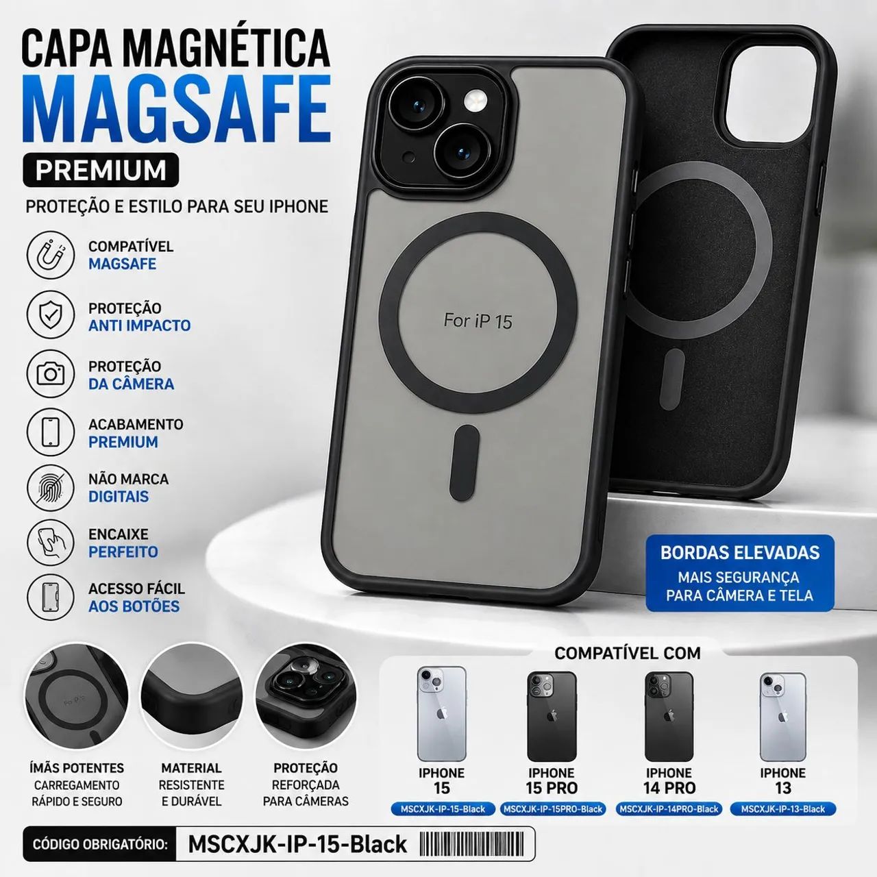 Capa Magnética MagSafe para iPhone 15 Pro - Preta (Premium)