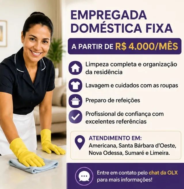 EMPREGADA DOMÉSTICA FIXA |  A PARTIR DE R$ 4.000/MÊS