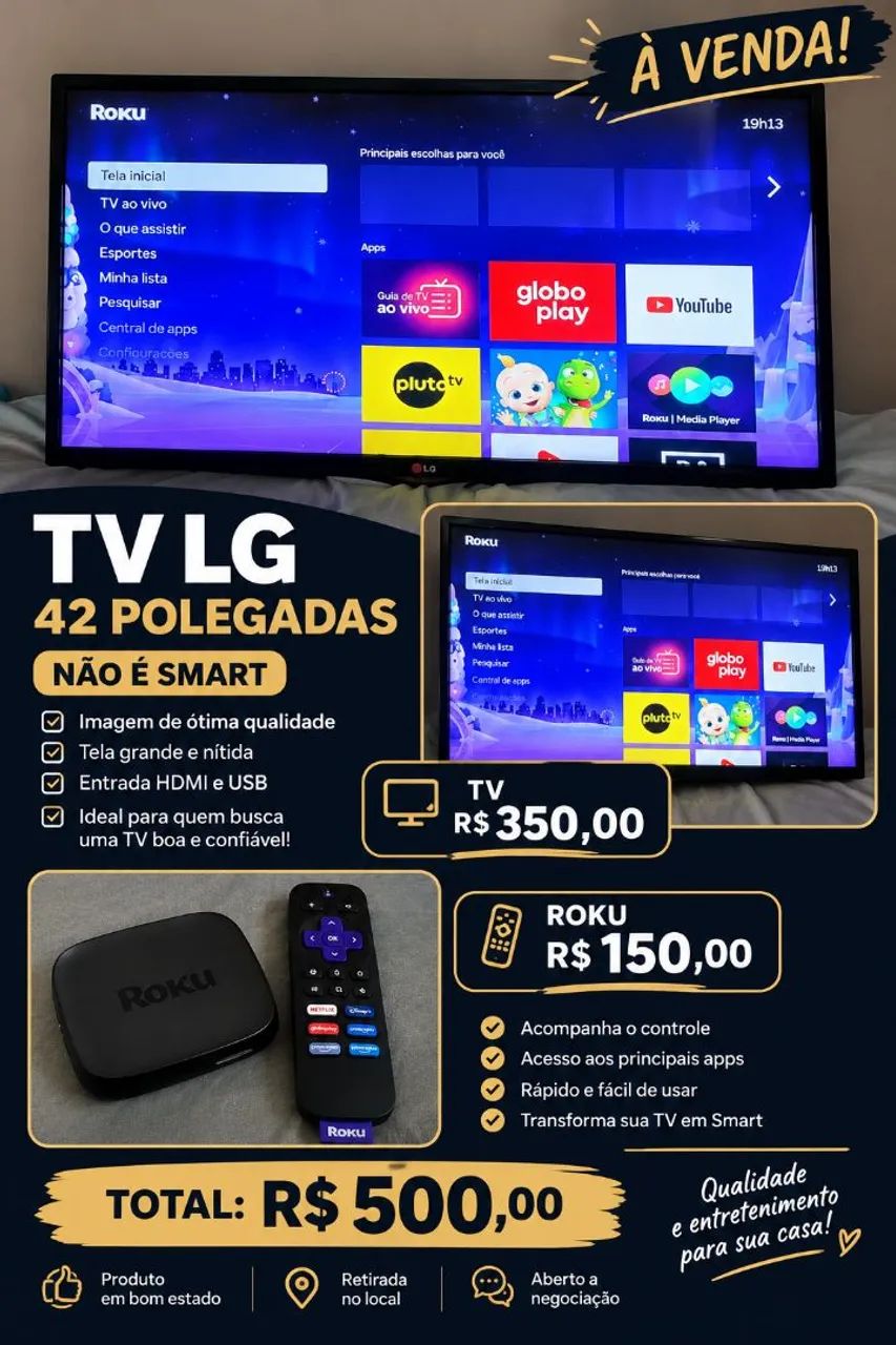  VENDO TV LG 42 POLEGADAS + ROKU