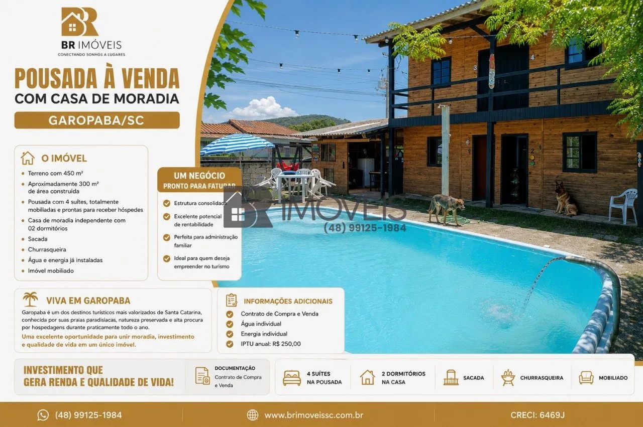 POUSADA À VENDA COM CASA DE MORADIA EM GAROPABA/SC