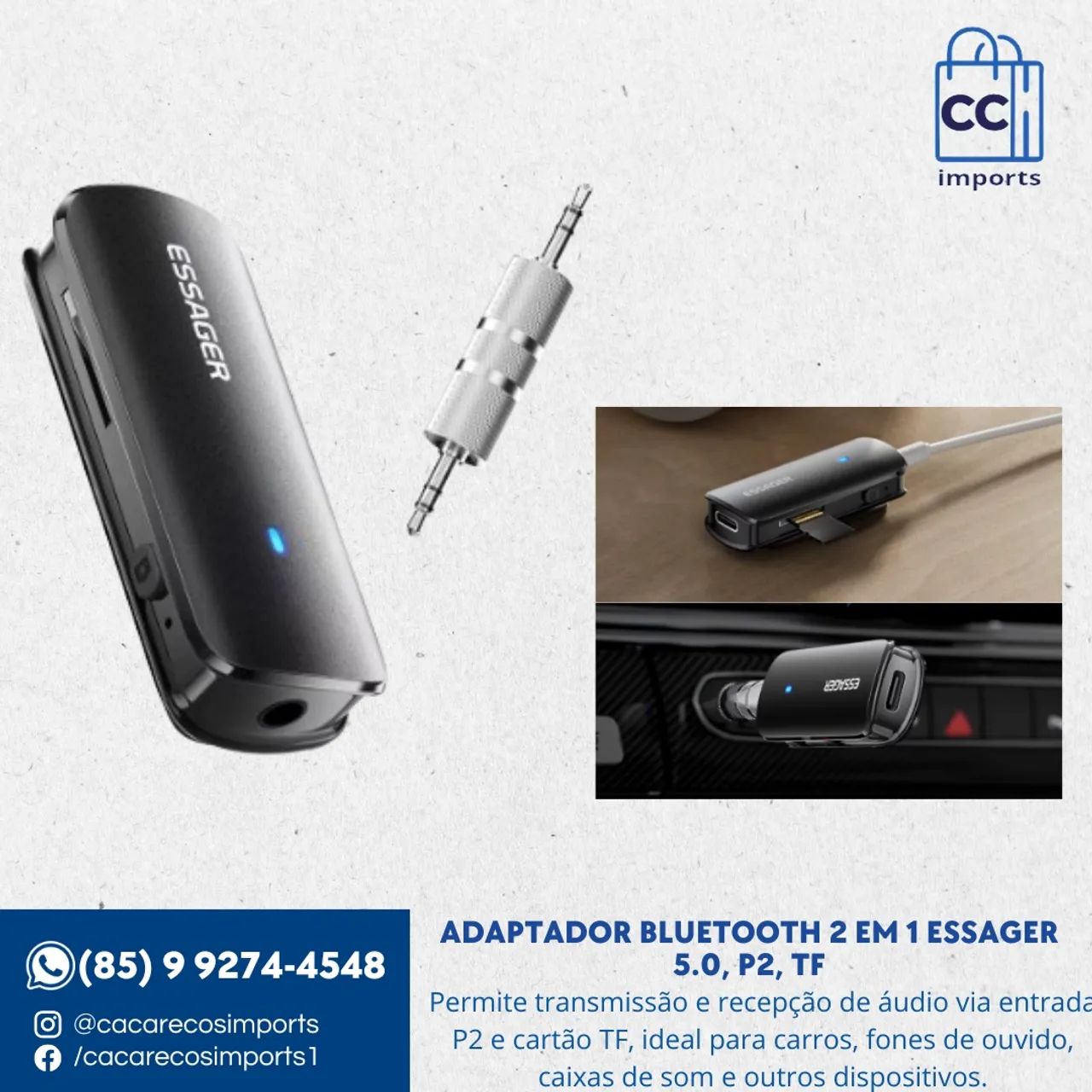 Adaptador Bluetooth 2 em 1 Essager 5.0, p2, tf