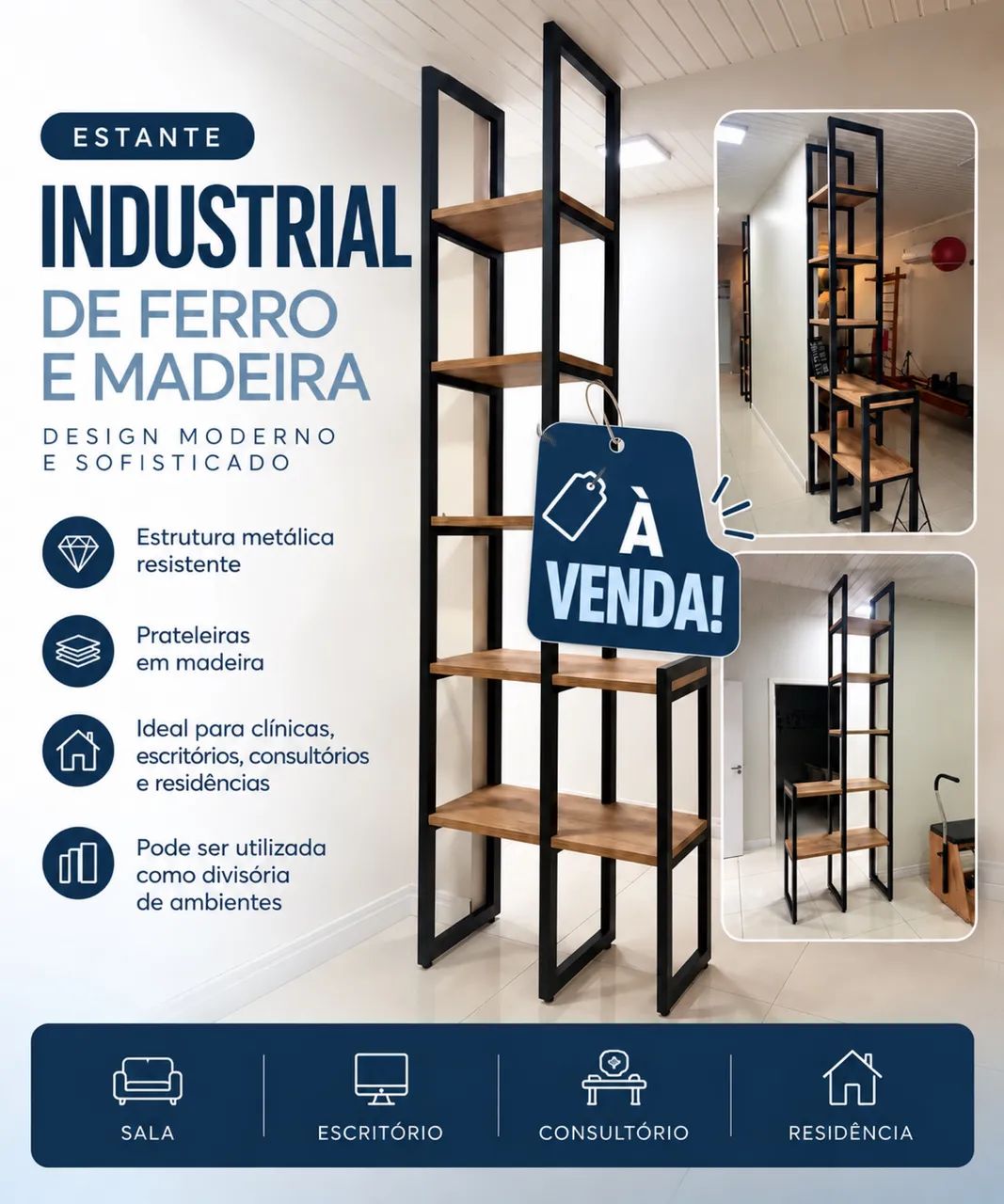 Estante Industrial de Ferro e Madeira