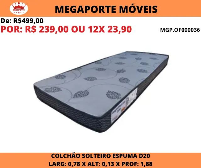 Colchão Solteiro 0,78x1,88 Espuma D20