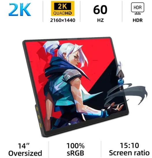 Monitor Portatil com tela sensível ao toque, 14 Polegada, 2K, 100% sRGB