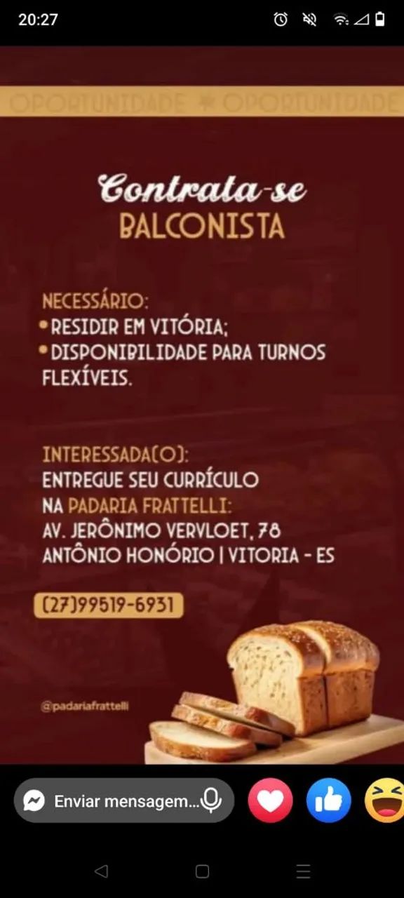 Balconista de Padaria 