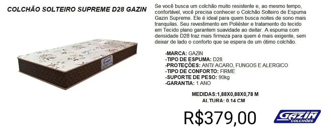 COLCHÃO SOLTEIRO GAZIN D28 A PRONTA-ENTREGA 