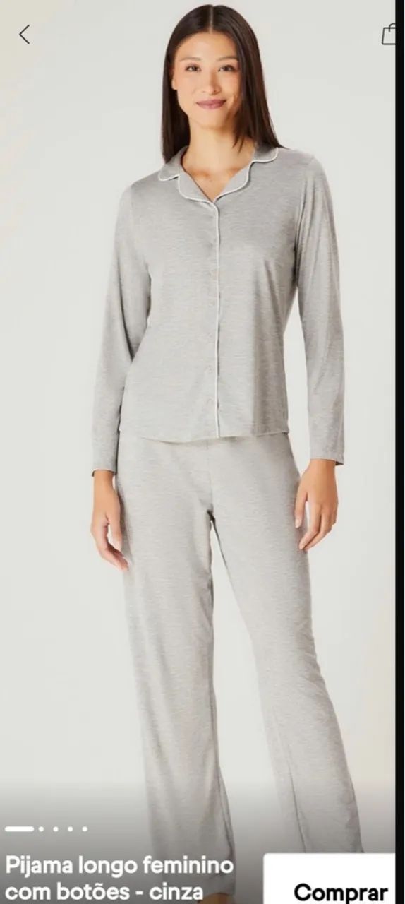 Pijama longo feminino de botão cinza