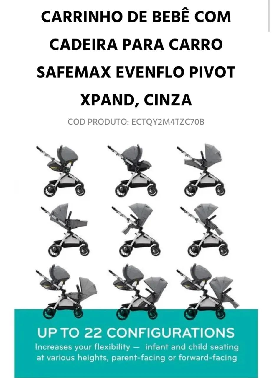 CARRINHO DE BEBÊ COM CADEIRA PARA CARRO SAFEMAX EVENFLO PIVOT XPAND, CINZA - Foto 6