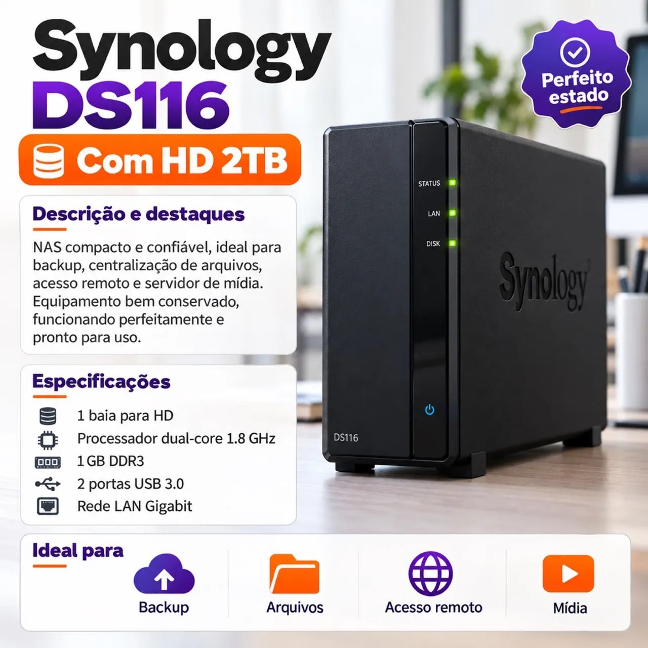 NAS 2tb Synology DS116 Servidor