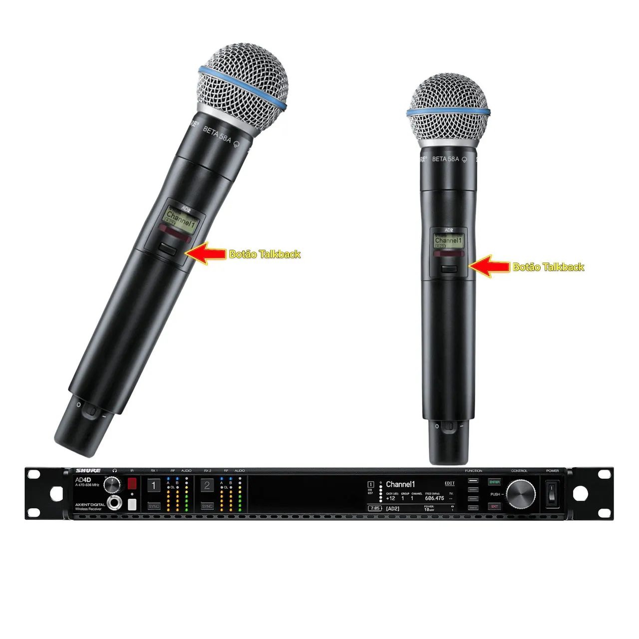Microfone Profissional Shure Axient Digital AD4D Bastão AD2 Beta 58A Já Com TALK SWITCH