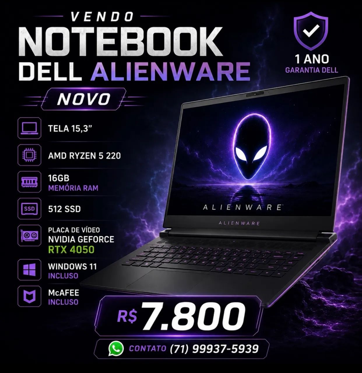 Notebook AlienWare Ryzen 5 novo