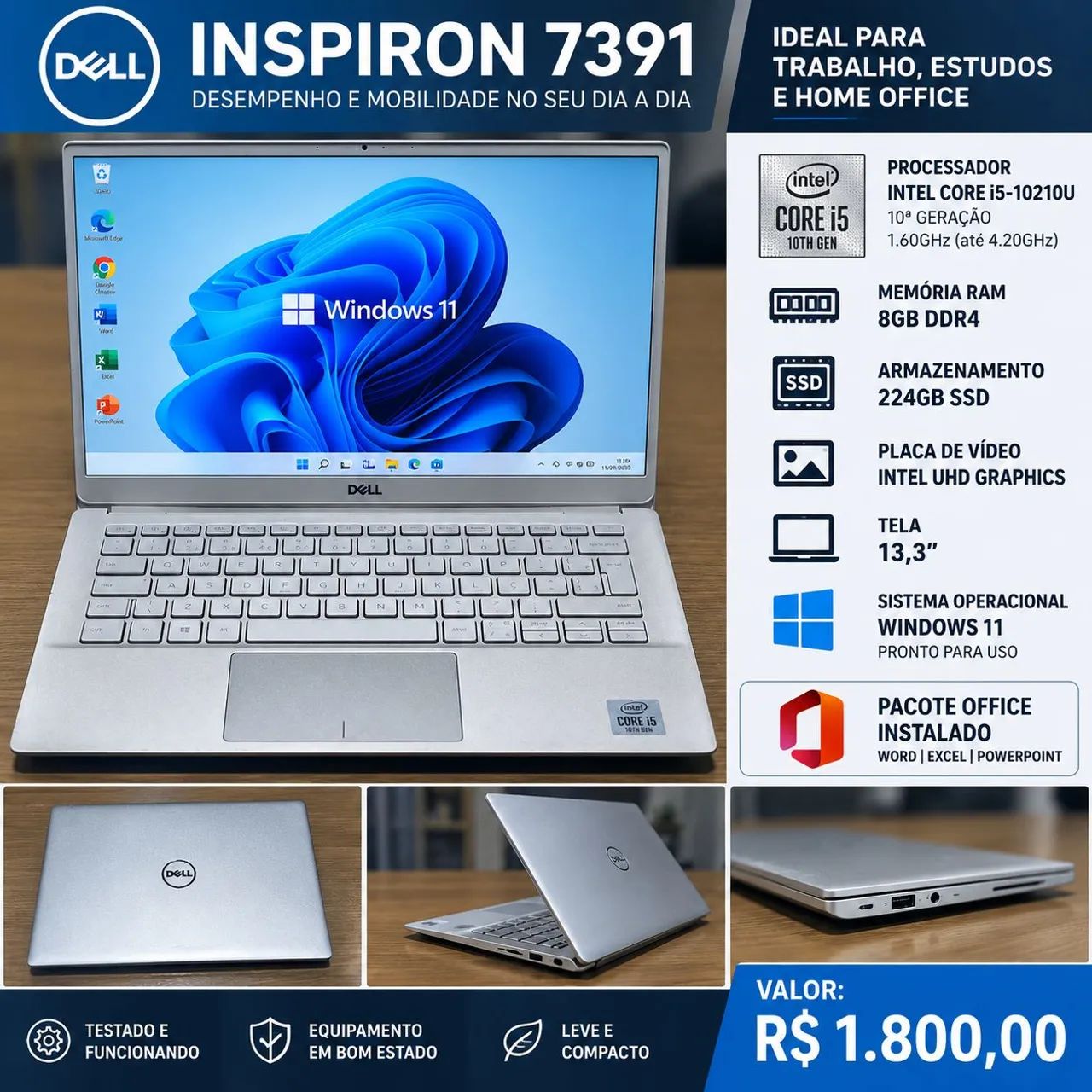 Notebook Dell Inspiron 7391 - Core i5 10ª Geração - 8GB RAM