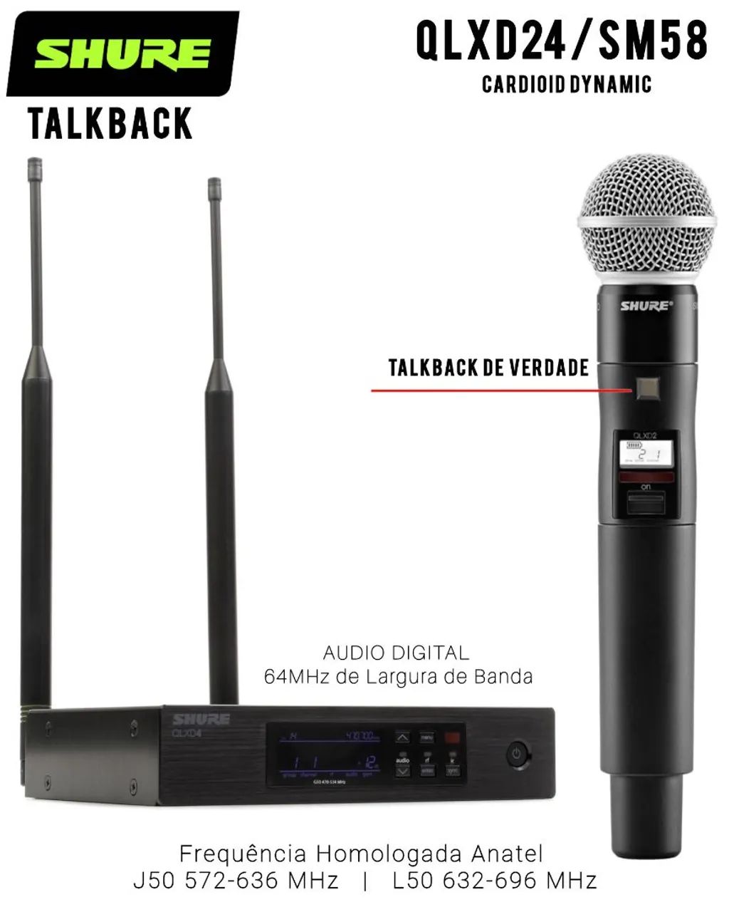 Shure QLXD24/SM58 Microfone Sem Fio Profissional Original Shure