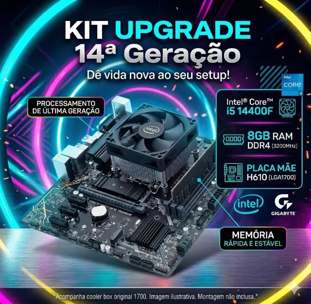 Kit Upgrade 14ª Geração - Processador Intel Core i5 14400F - 8Gb Ram DDR4 - Placa Mãe h610