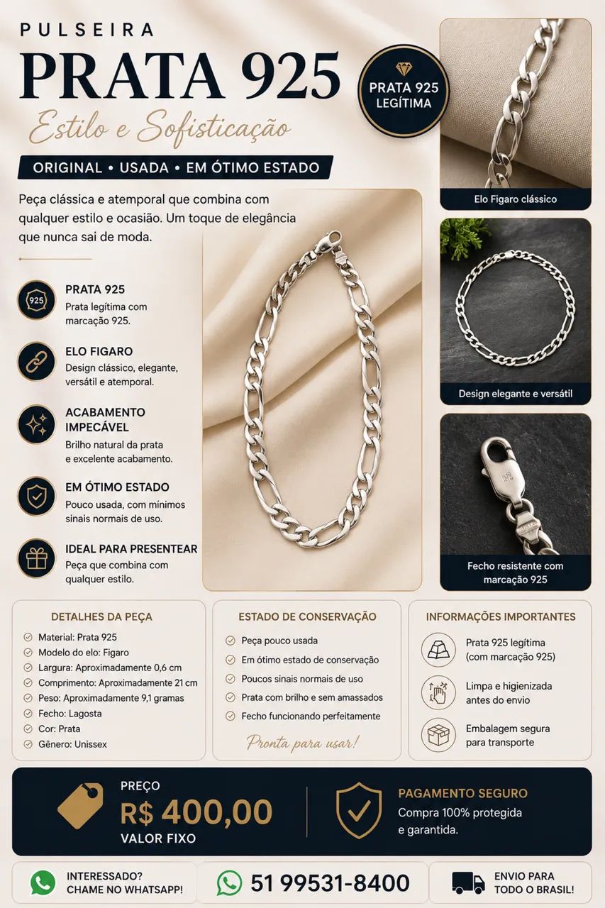 Pulseira masculina em prata