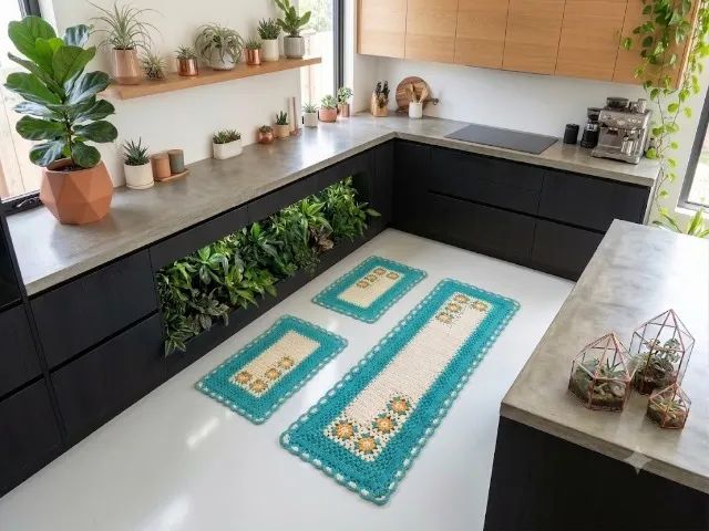 Kit passadeira em crochê  para cozinha com 3 peças verde com flores amarelas