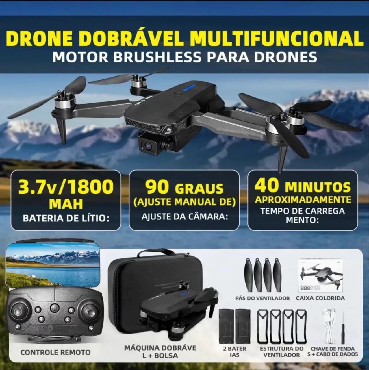 DLI Drone E88 HD com Câmera Dupla WiFi FPV  - Foto 3