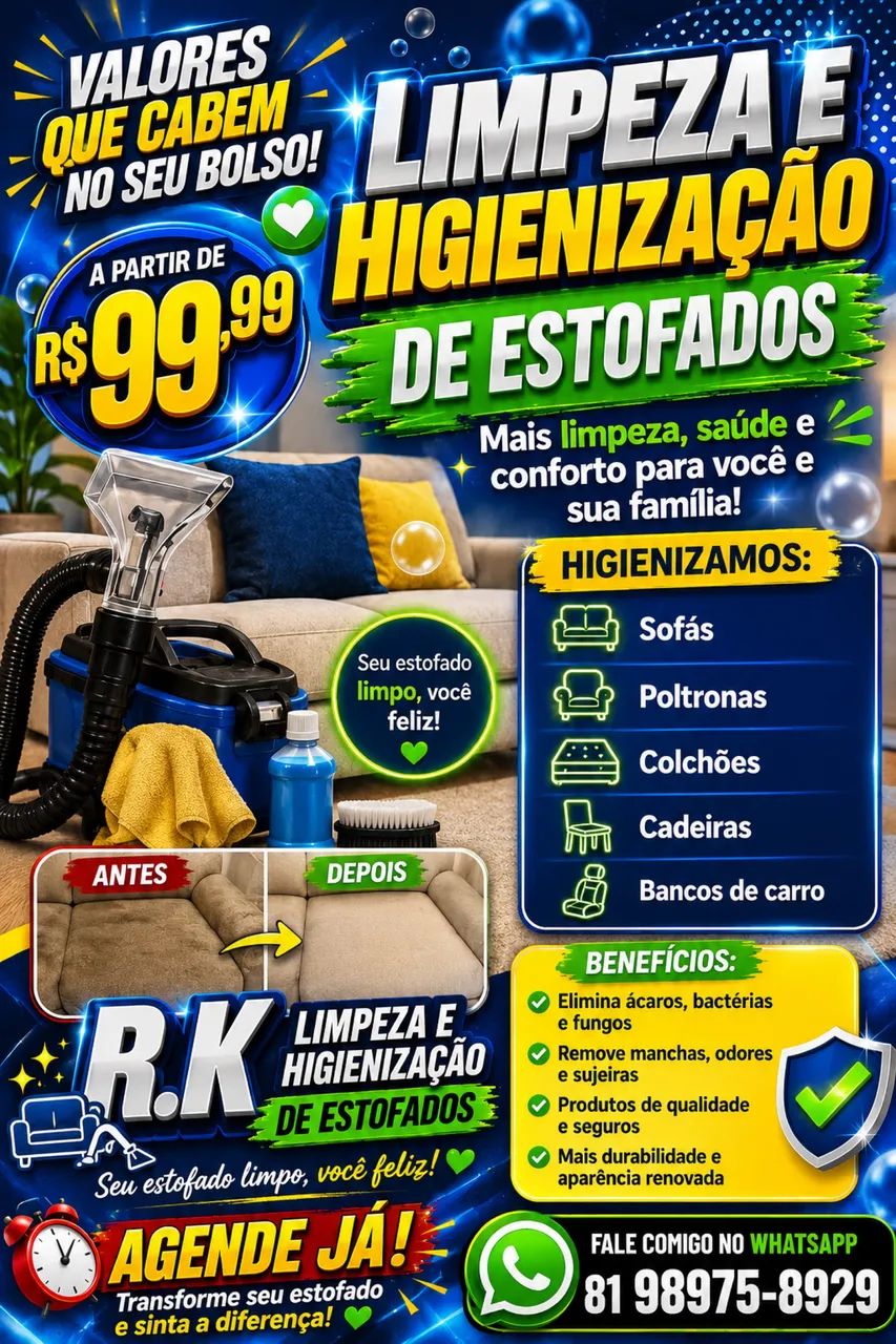 Limpeza e Higienização de Estofados a partir de R$99,99 Sofás, Colchões e Poltronas