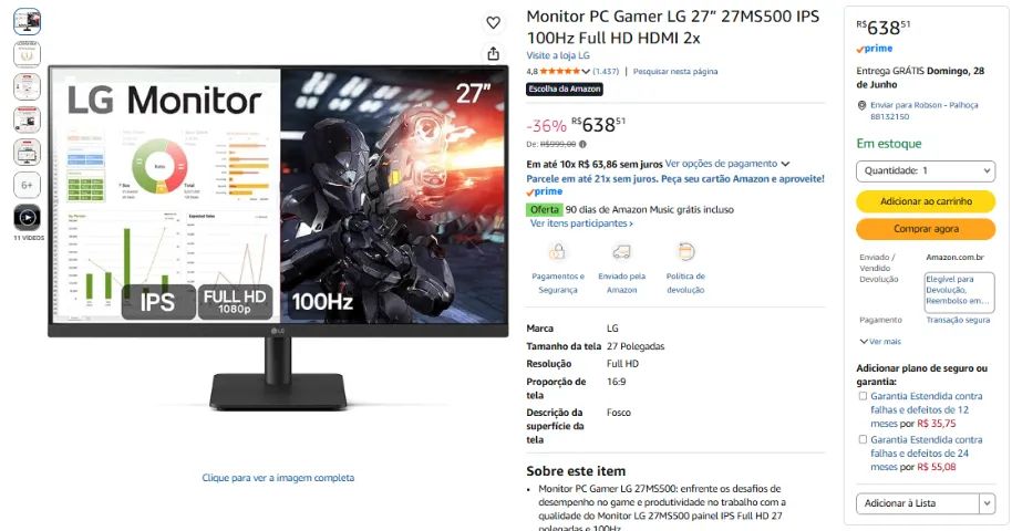 Monitor PC Gamer LG 27? Suporte Duplo Articulado de Mesa e Bandeja para Notebook - Foto 4
