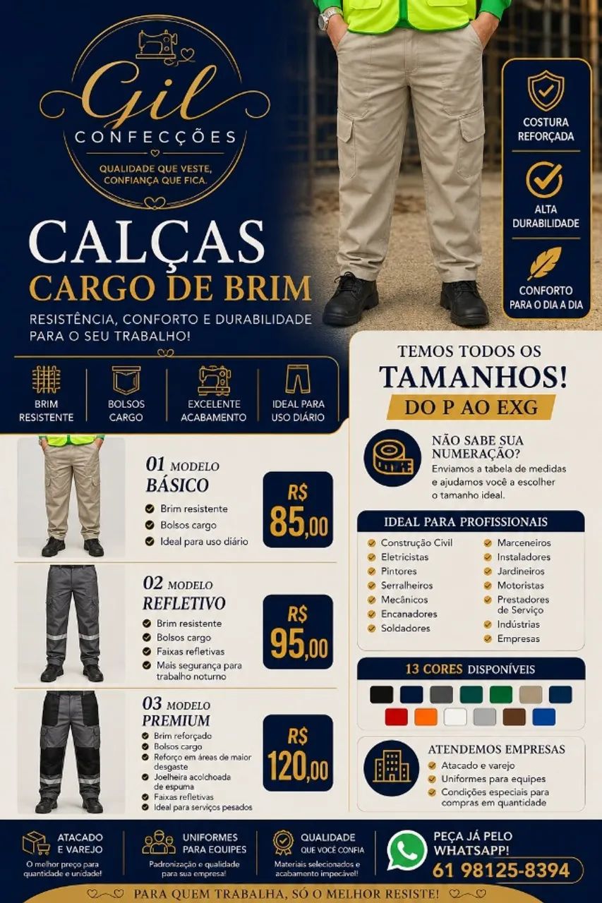 Calça Cargo em Brim Reforçada | Uniforme Profissional | Gil Confecções