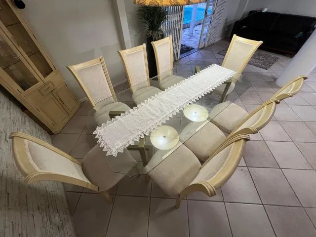 Mesa de Jantar de Vidro 8 Lugares + 8 Cadeiras Estofadas - Elegante e Completa - Foto 2