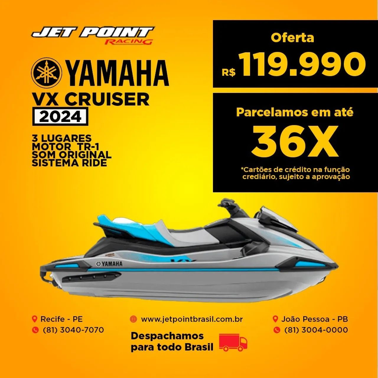 JET SKI YAMAHA VX CRUISER TR-1 2024, 3 Lugares, Som, Zero a Pronta Entrega, Parcelamos 36x
