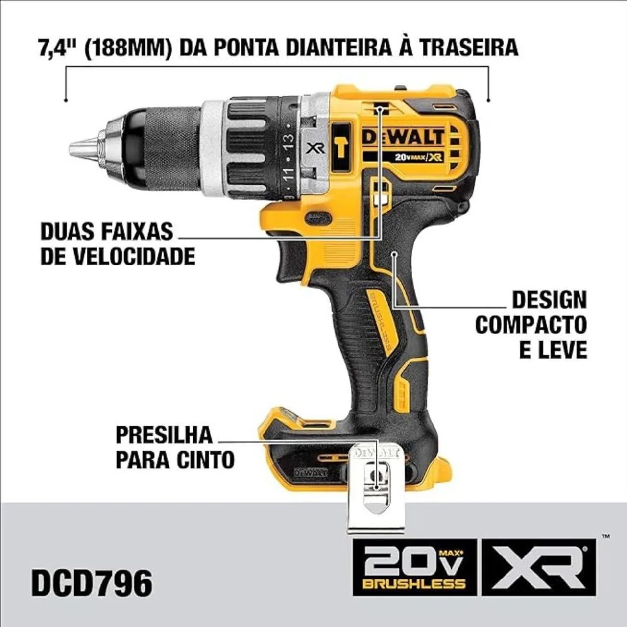 Parafusadeira Furadeira de Impacto Brushless  XR 20V c 2 Baterias  - DEWALT-DCD796D2 - Foto 5