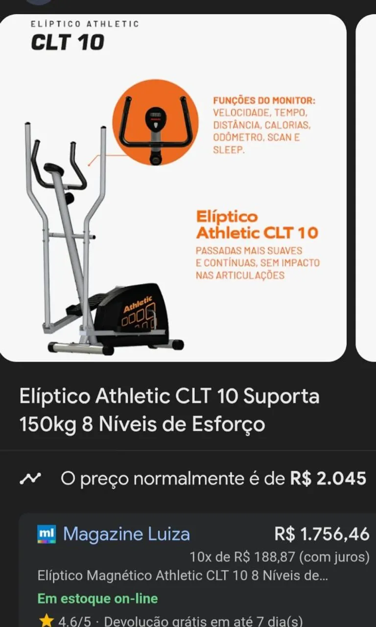 Elíptico Athletic CLT 10 - 150kg e 8 Níveis de Esforço
