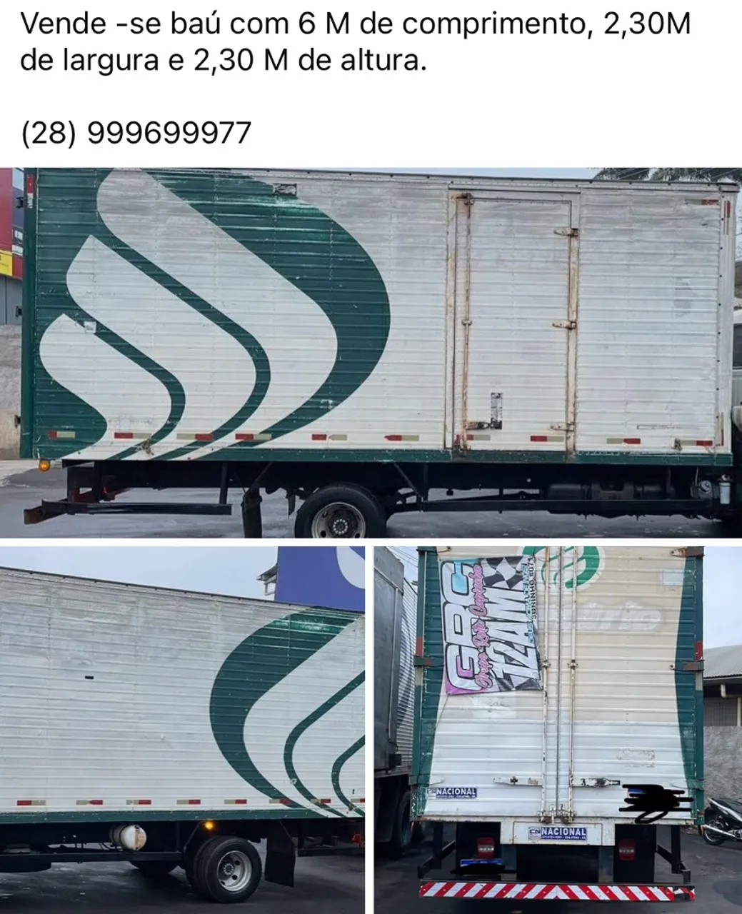 Baú para caminhão 6m comprimento, 2,30m largura e 2,30m altura
