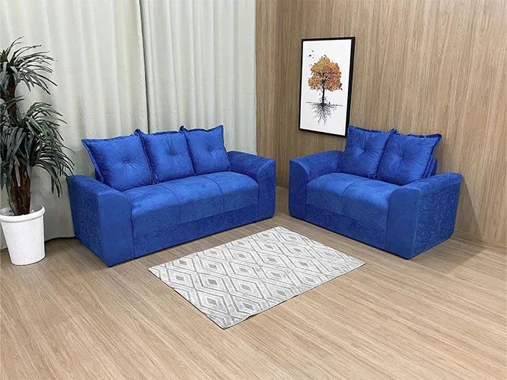 Conjunto Sofá 2 e 3 Lugares Suede Azul