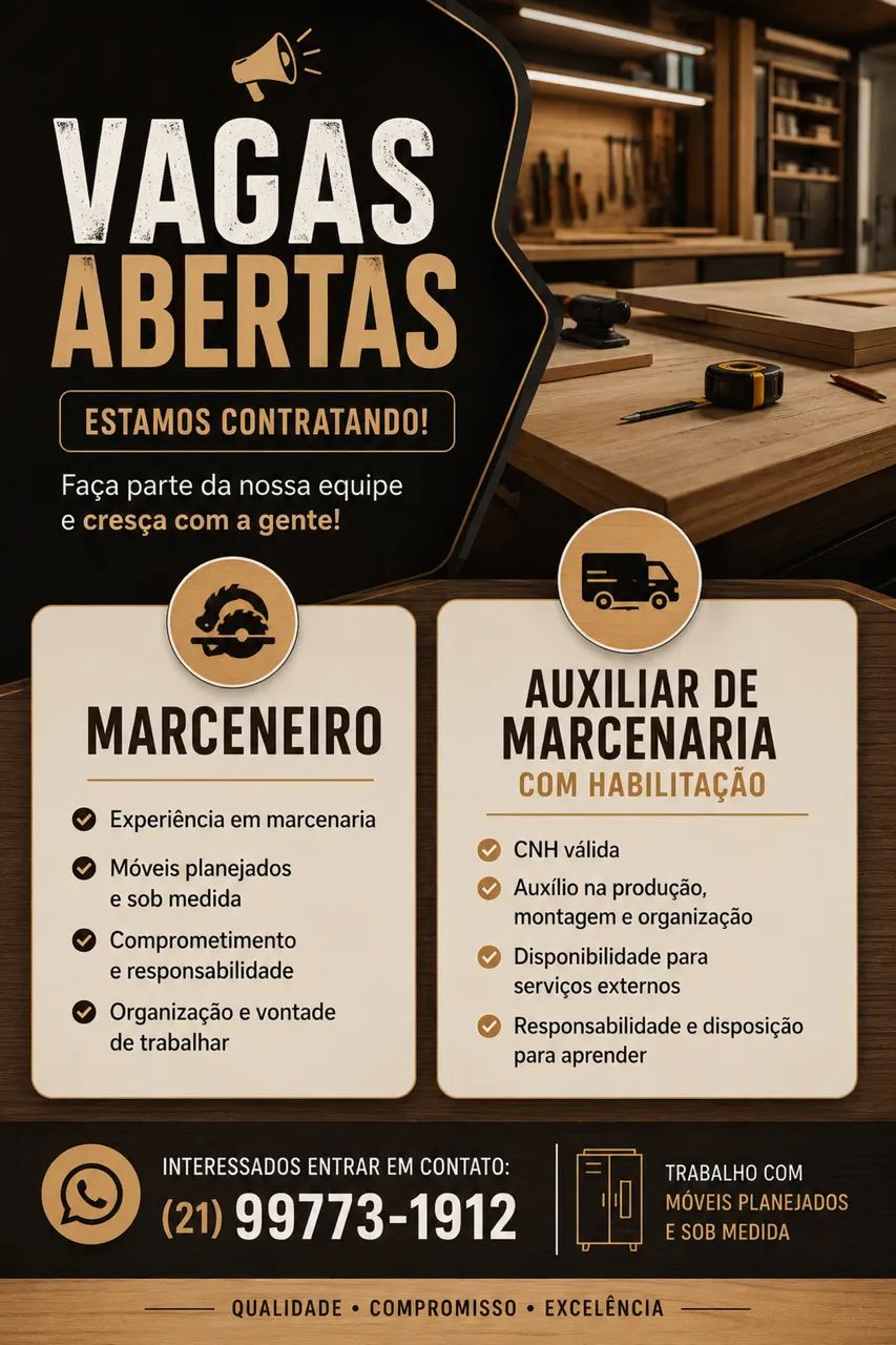 VAGA PARA MARCENEIRO E AUXILIAR, MARCENARIA 