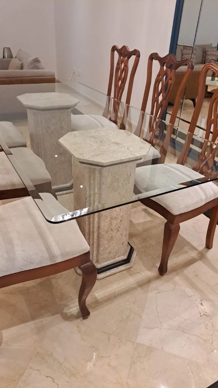 Mesa Jantar Com 8 Cadeiras Tampo De Vidro E Base Marmore - Foto 2