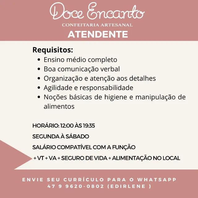 VAGA FEMININA ATENDENTE DE CONFEITARIA