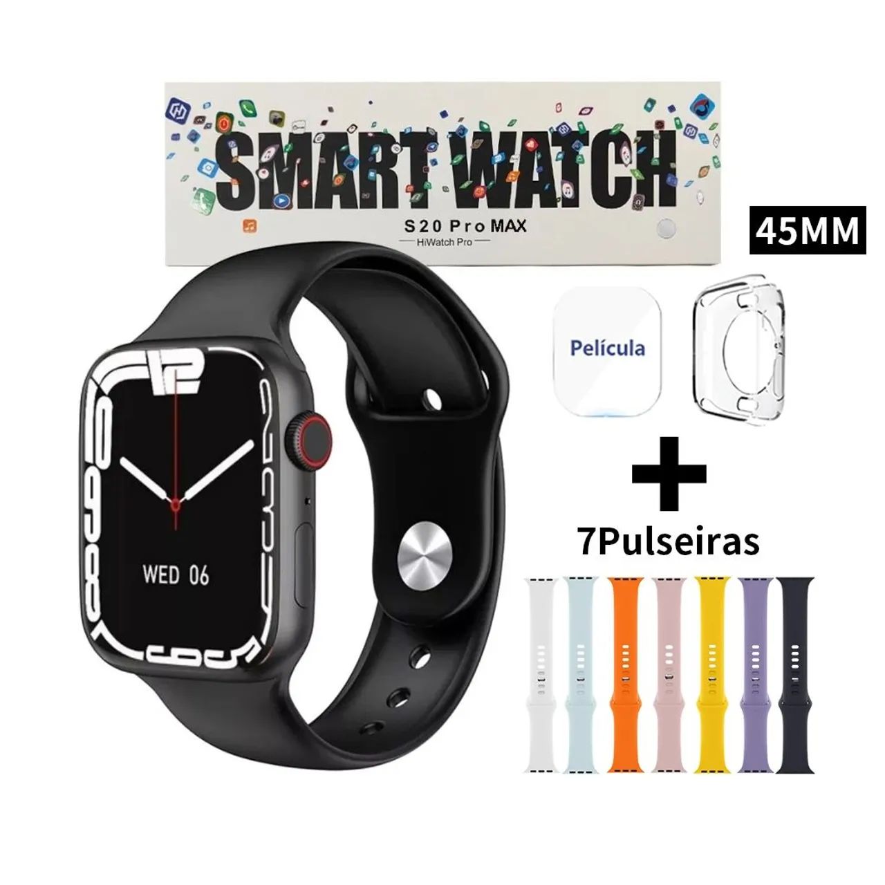 Smartwatch s20promax 7 pulseiras película capa protetora 
