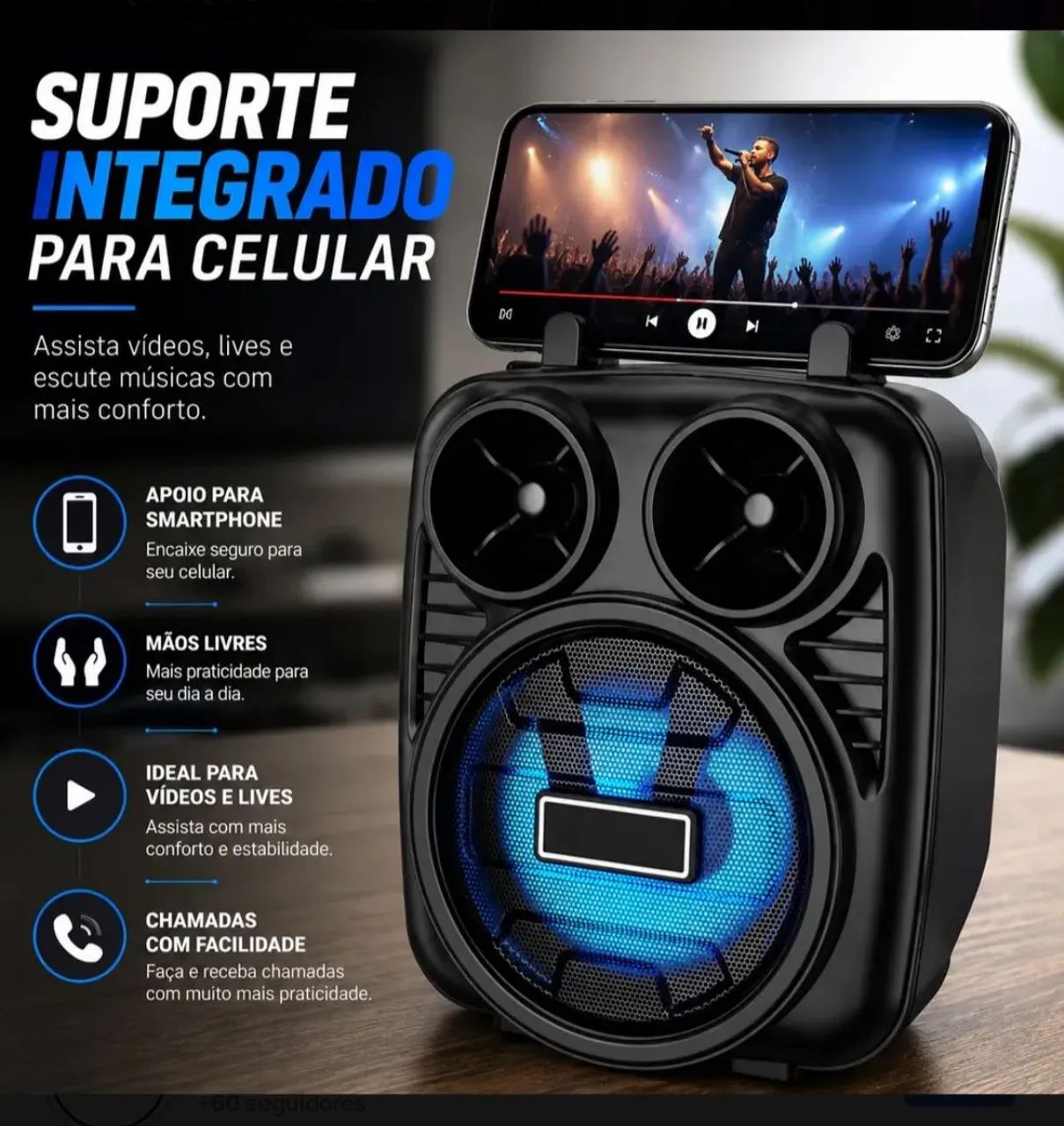 Caixa de Som Bluetooth Portátil com LED RGB e apoio para celular  - Foto 2
