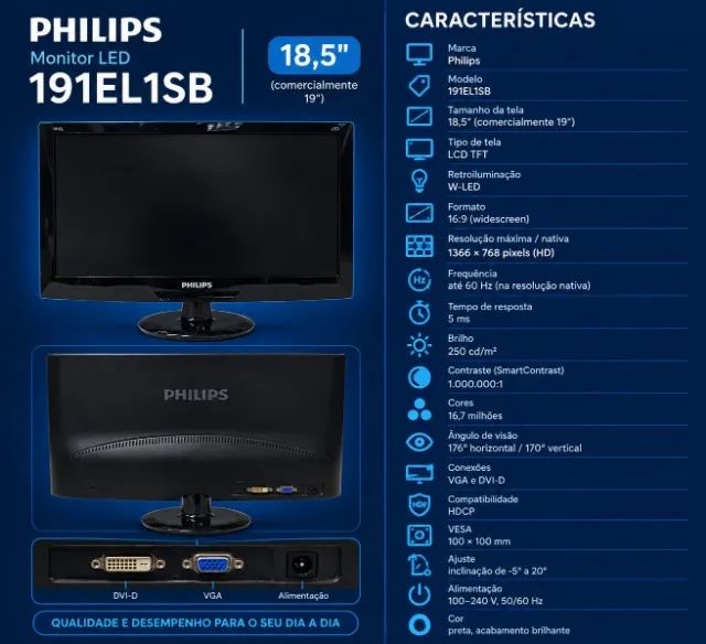 Monitor Philips 191EL1SB 18,5 Polegadas LED HD VGA e DVI