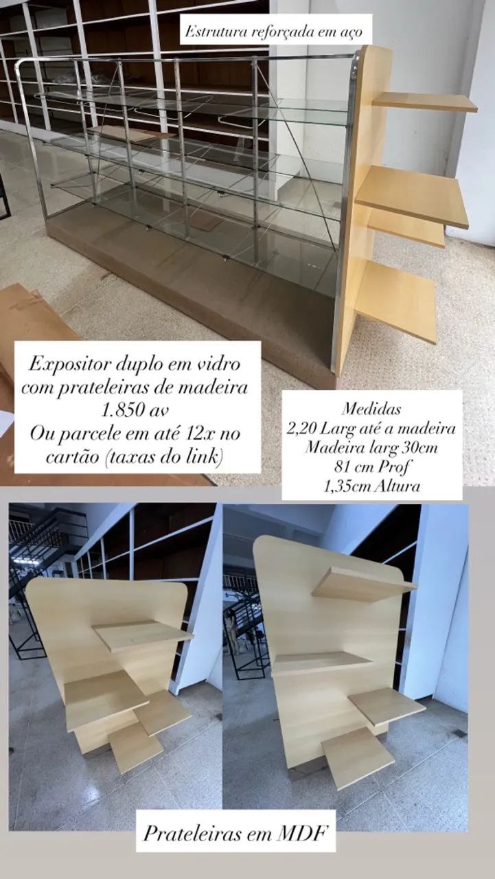 Prateleiras de Vidro com expositor em madeira 
