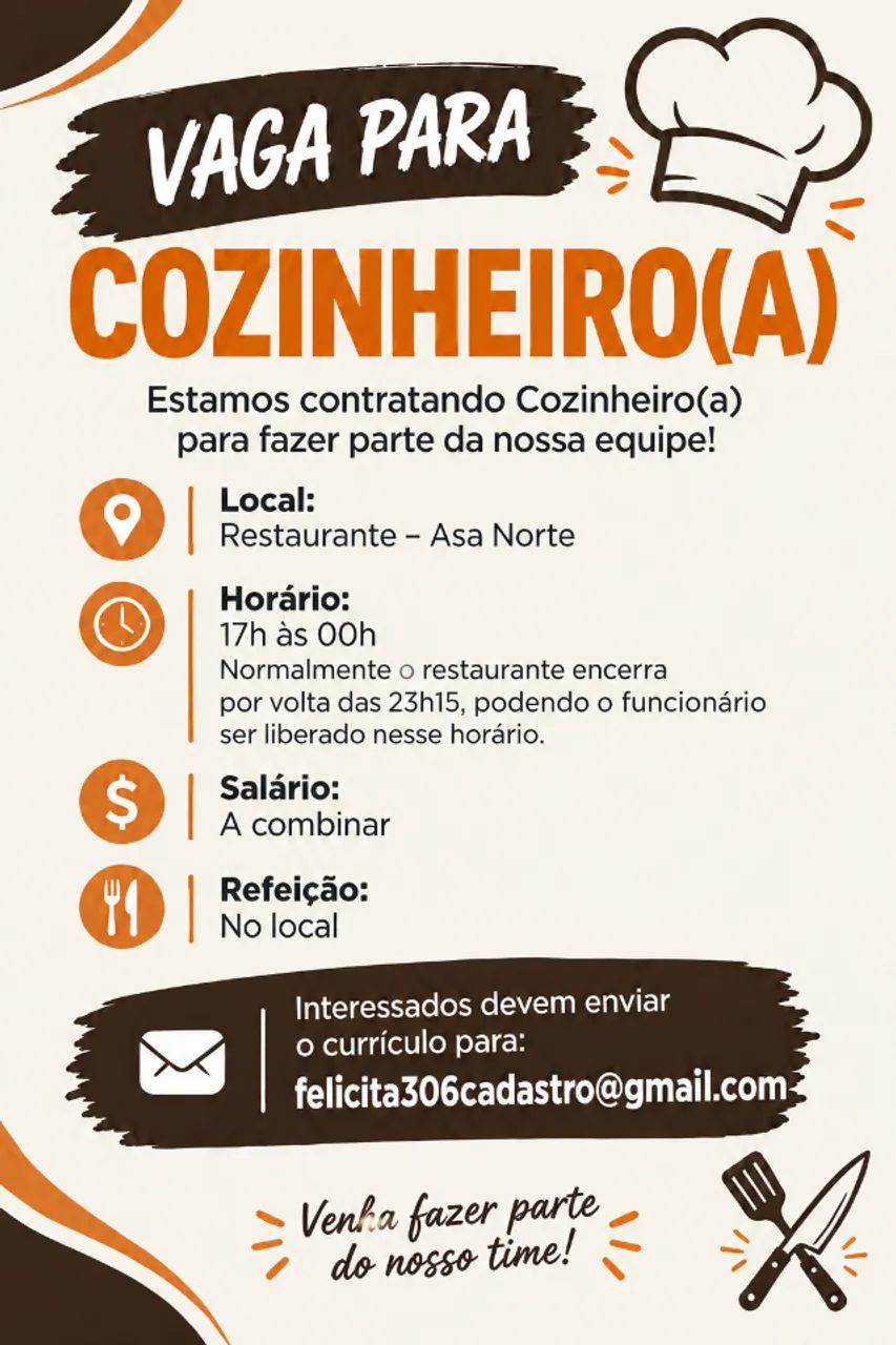 VAGA DE EMPREGO PARA COZINHEIRO