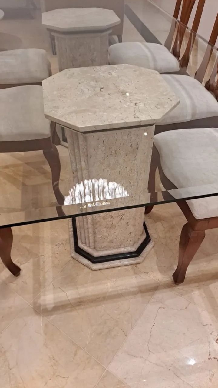 Mesa Jantar Com 8 Cadeiras Tampo De Vidro E Base Marmore - Foto 4